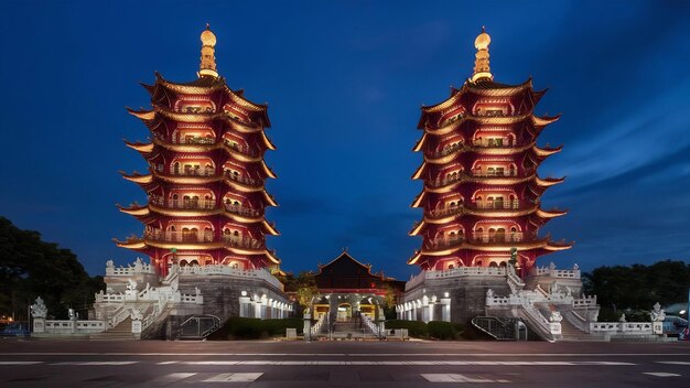 Foto pagodas de dragones y tigres por la noche en kaohsiung, taiwán