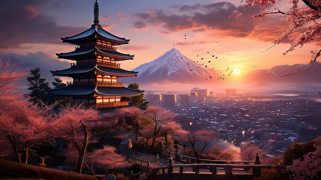 Pagode Chureito e montanha Fuji ao pôr do sol no Japão Generative Ai