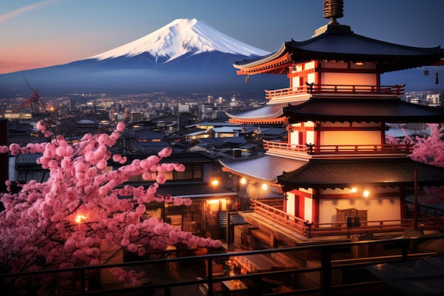 pagode japonês com o Monte Fuji ao fundo