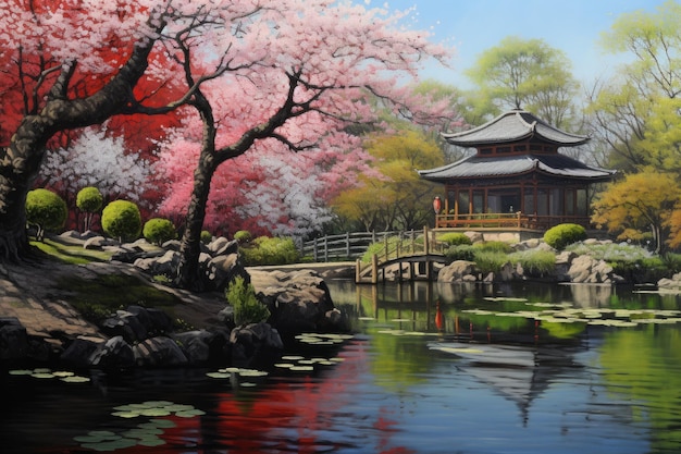 Pagode und Kirschblütenbäume in einem japanischen Garten Gemälde eines japanischen Gartens mit Sakura-Baum ultra realistischer fotorealistischer Realismus AI generiert