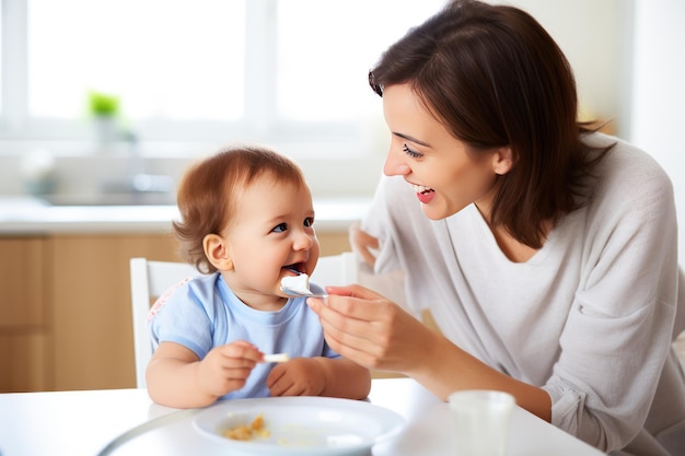 Pai afro-americano sorri alimentando filho pequeno com cereais de leite de colher na mesa