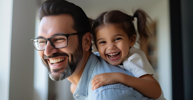 Pai alegre carregando no pescoço brincando com filha pré-escolar feliz dentro de casa