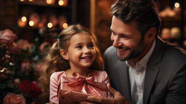 Pai alegre recebendo um presente de sua filha em uma ocasião especial num quarto calorosamente iluminado