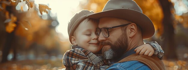 Foto pai amoroso com óculos abraçando seu filho sorridente em um parque