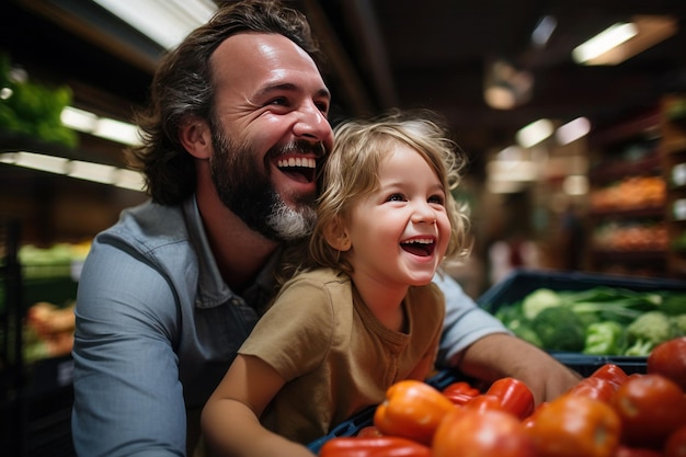 Foto pai barbudo feliz e seu filho compram mantimentos na loja eles estão muito felizes