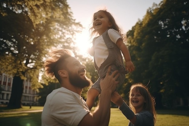 Foto pai brinca com seu filho e filha no gramado verde no parque