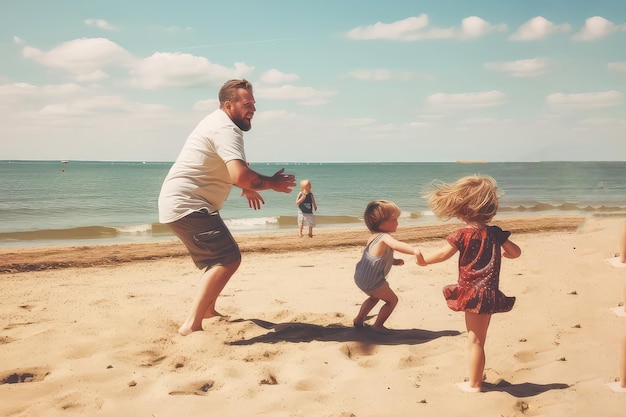 Pai brincando com crianças na praia