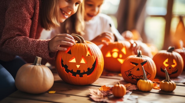 Pai com crianças pequenas está se preparando para o feriado de Halloween mãos de mãe com crianças