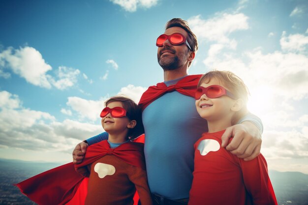 Pai com filhos e filha disfarçados de super-heróis