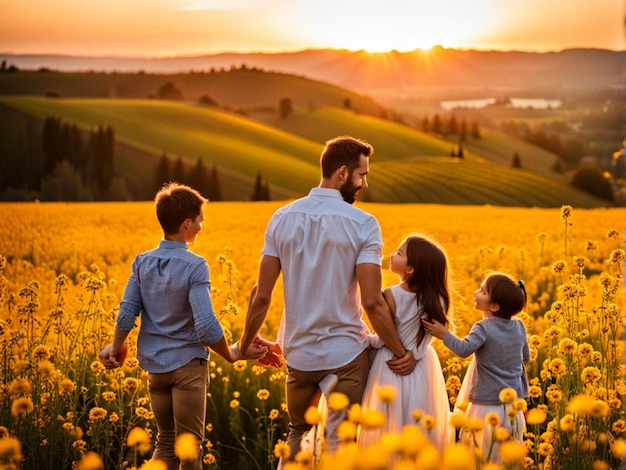 Pai com seus dois filhos desfrutando de um momento alegre e família feliz no campo de flores da natureza em su