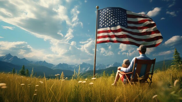 Foto pai com sua filha sentado em uma cadeira no prado com um poste de bandeira americana