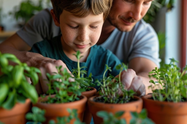 Pai com um menino plantando ervas em casa
