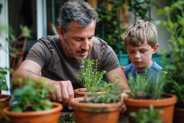 Foto pai com um menino plantando ervas em casa