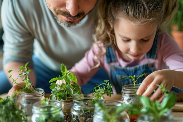 Pai com uma menina plantando ervas em frascos de cristal