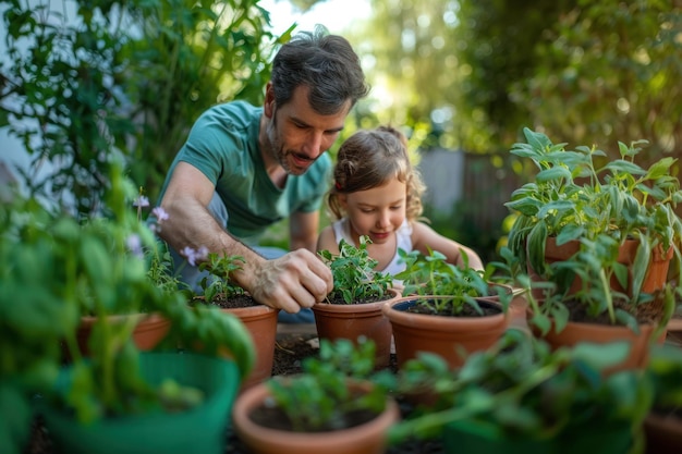 Pai com uma menina plantando ervas no quintal