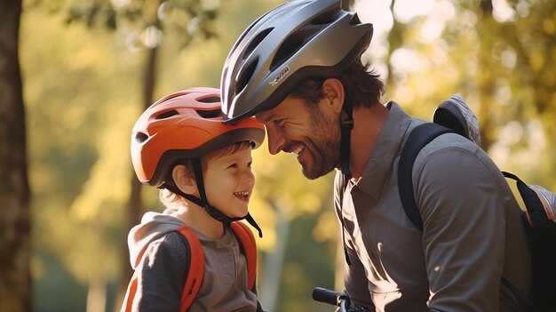 Foto pai de família feliz coloca capacete de filho para ciclismo seguro generative ai