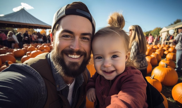 Pai de família feliz com filha em um campo de abóboras tirando selfie Menina sorridente escolhe abóboros com o pai no mercado de fazenda para Halloween ou Dia de Ação de Graças
