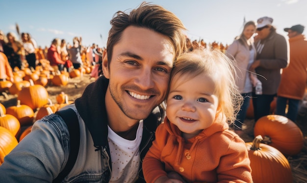 Pai de família feliz com filha em um campo de abóboras tirando selfie Menina sorridente escolhe abóboros com o pai no mercado de fazenda para Halloween ou Dia de Ação de Graças