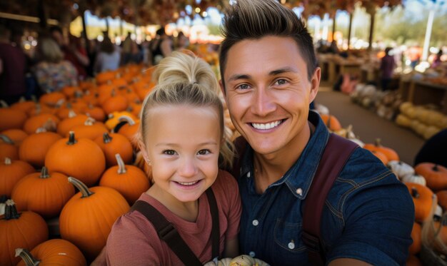 Pai de família feliz com filha em um campo de abóboras tirando selfie Menina sorridente escolhe abóboros com o pai no mercado de fazenda para Halloween ou Dia de Ação de Graças