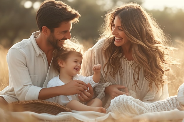 Pai de família feliz, mãe e filho a divertir-se ao ar livre.