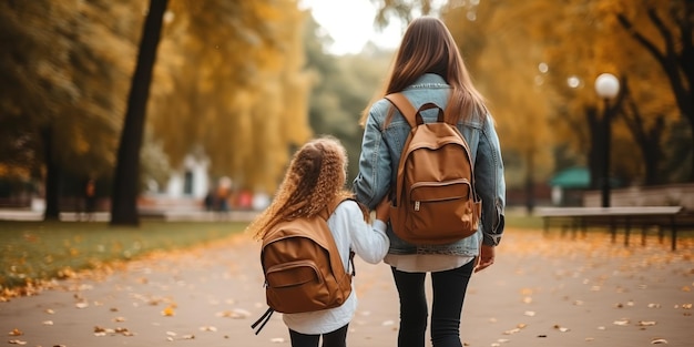 Pai e aluno do ensino fundamental andam de mãos dadas