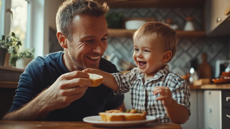 Foto pai e bebê desfrutam de uma refeição alegre juntos em uma cozinha aconchegante enquanto compartilham risadas e lanches durante uma tarde ensolarada