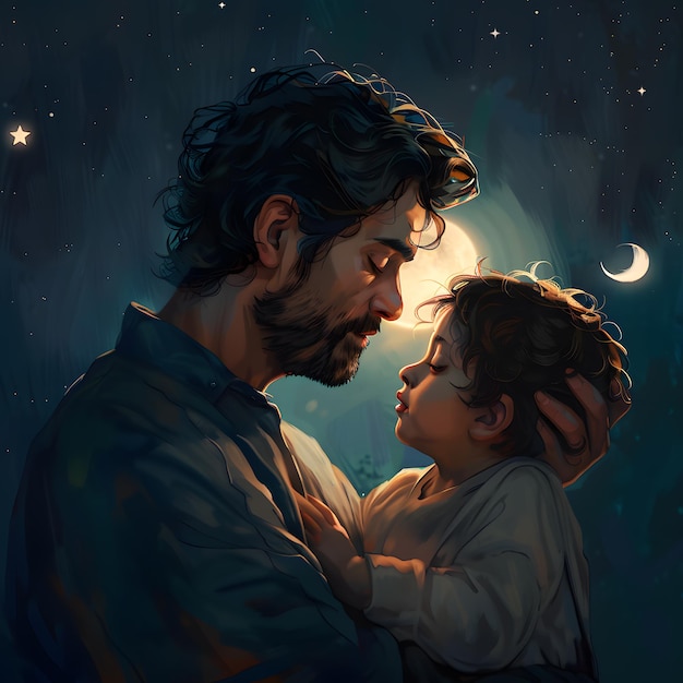 Pai e bebê no céu noturno com a ilustração da lua Noite Estrelada Abraçar um momento terno capturado