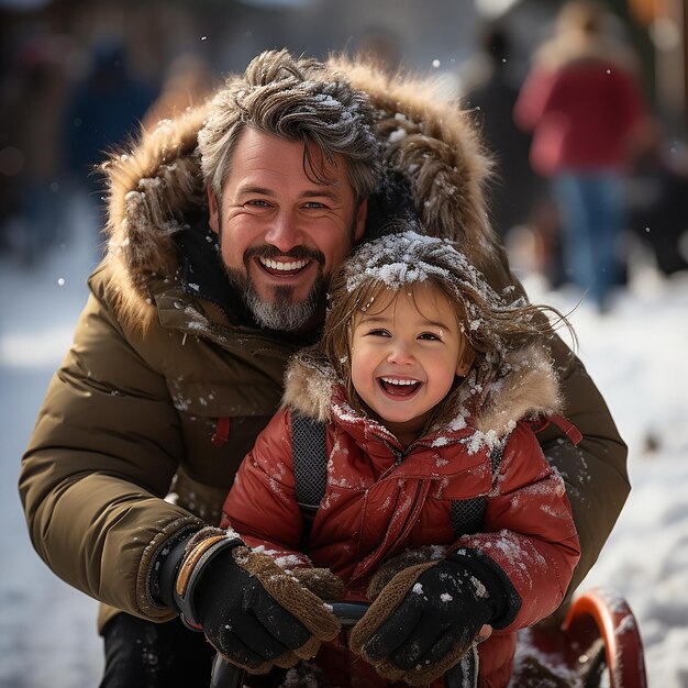 Pai e filha a andar de trenó.