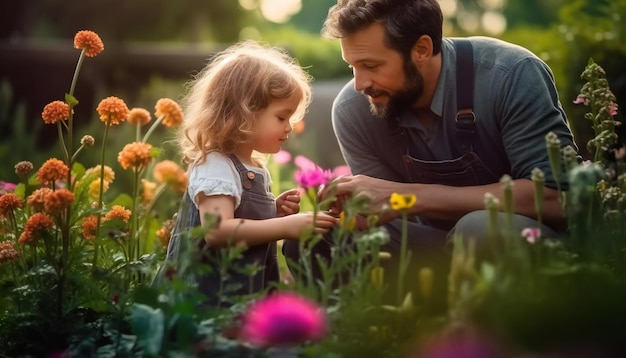 Pai e filha a brincar no jardim.