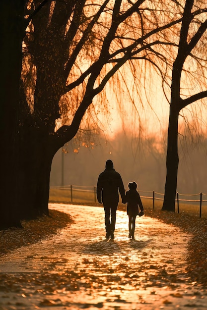 Pai e filha a caminhar juntos.