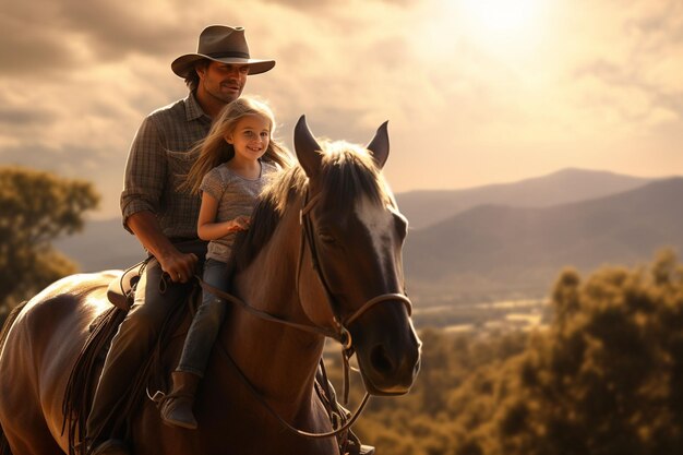 Pai e filha a desfrutar de um dia a cavalo