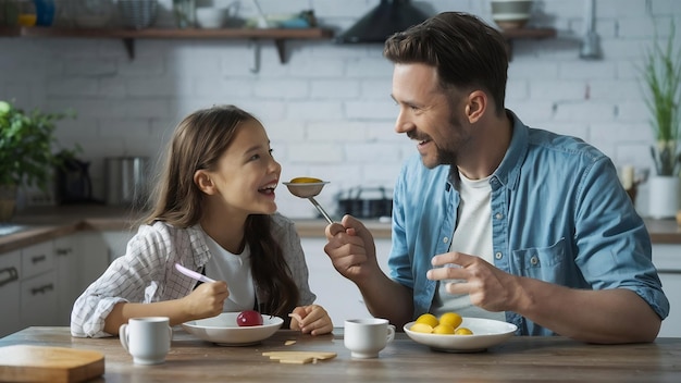 Foto pai e filha a tomar o pequeno-almoço na cozinha