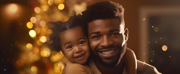 pai e filha afro-americanos felizes abraçados nas luzes de Natal no fundo