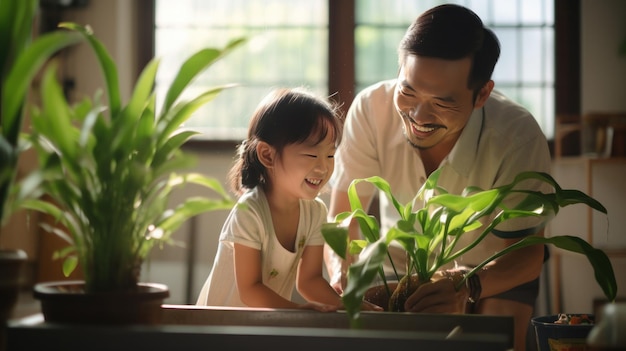 Pai e filha asiáticos felizmente regando plantas