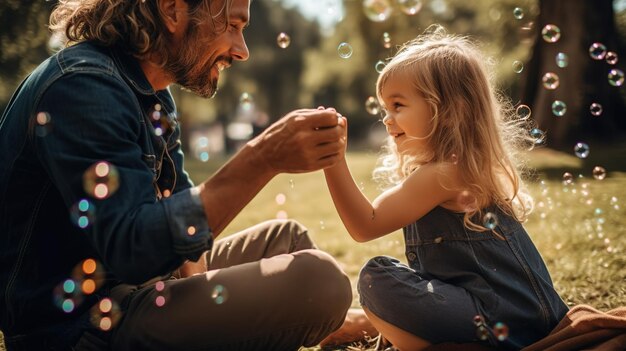 Pai e filha brincando com bolhas em um parque