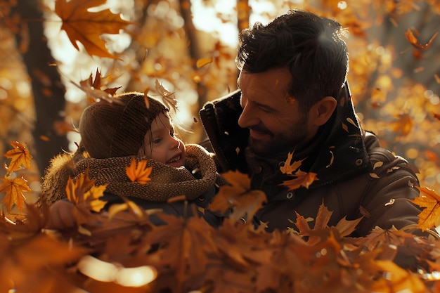 Pai e filha brincando em uma pilha de le outono