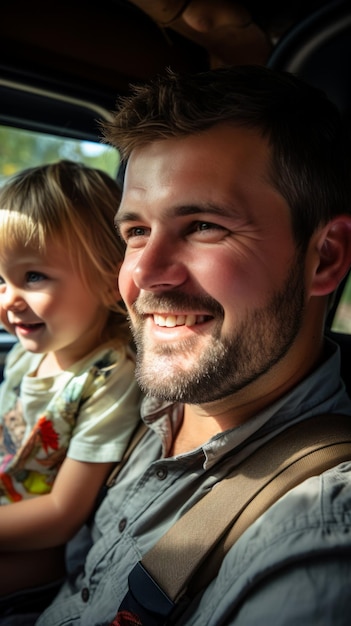 Pai e filha caucasianos felizes numa viagem de carro.