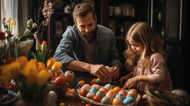 Foto pai e filha decorando ovos de páscoa