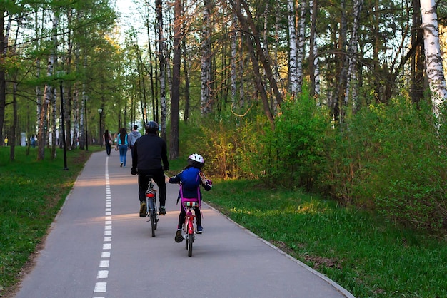 Pai e filha em bicicletas na vista traseira do Parque