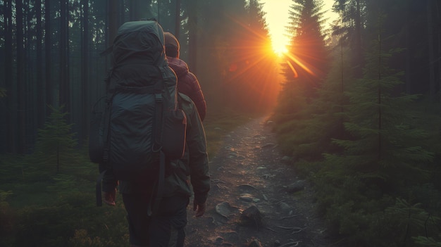 Pai e filha em uma aventura de caminhada na floresta ao pôr-do-sol