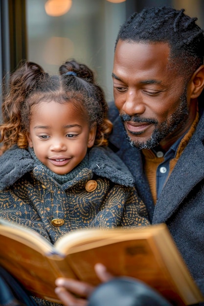 Foto pai e filha envolvidos em um livro juntos