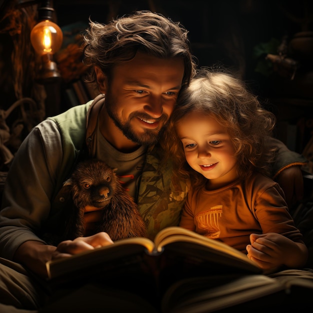 Foto pai e filha estão lendo um livro na cama em casa