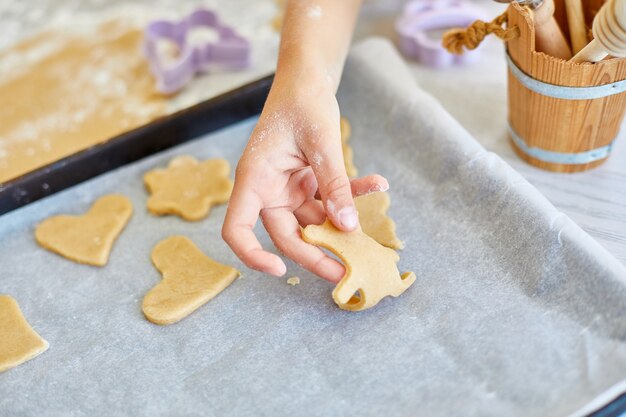 Pai e filha fazem biscoitos por mofo, juntos na cozinha, família cozinhando em casa, estilo de vida familiar feliz.