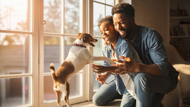 Foto pai e filha felizes a divertir-se com o cão junto à janela.