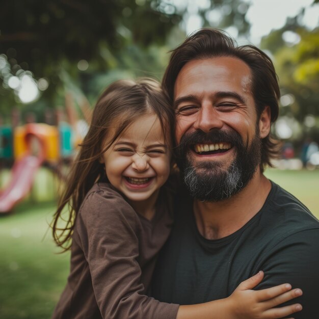 Foto pai e filha felizes a rir juntos no parque.