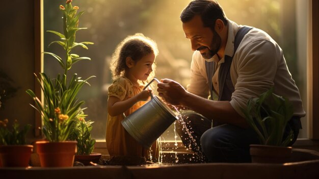 Pai e filha felizmente regando plantas