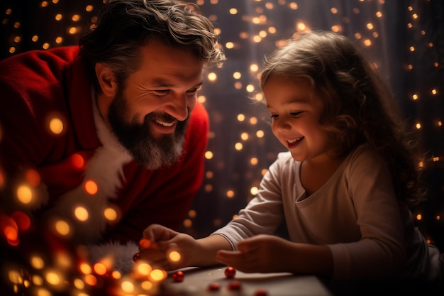 Pai e filha passam o Natal felizes, sorriem e decoram a casa.