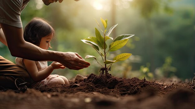 Foto pai e filha plantando árvore no jardim conceito de salvar o mundo