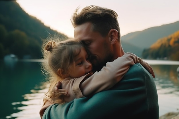 Pai e filha se abraçam em um lago