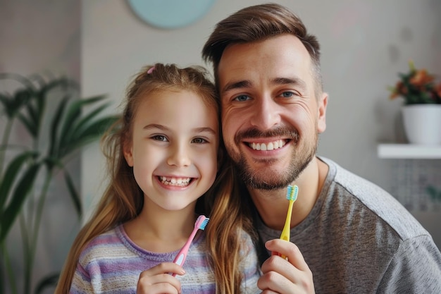 Pai e filha segurando escovas de dentes